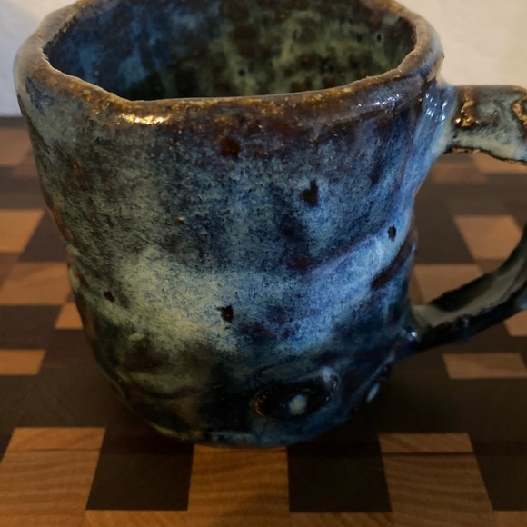 Signed Handcrafted Ceramic Textured Drip Glaze Multi Tonal Rustic Blue BrownMug - Picture 3 of 9